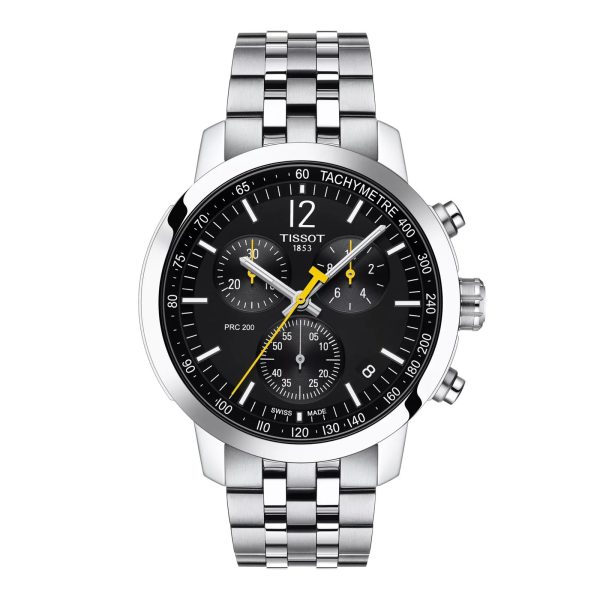 Montre homme Tissot PRC 200 Chronograph 40 mm réf. T114.417.11.057.00, cadran noir, bracelet acier – vue de face | Horlova Maroc