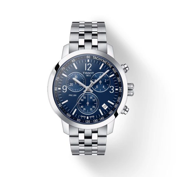 Montre homme Tissot PRC 200 Chronograph 43 mm réf. T1144171104700, cadran bleu, mouvement quartz chronographe – vue de face | Horlova Maroc