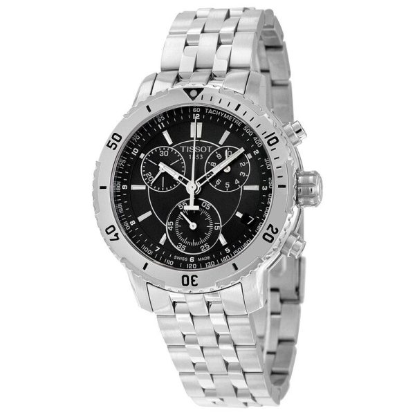 Montre homme Tissot Prs 200 42 mm réf. T067.417.11.051.00, cadran noir, bracelet acier – vue de trois-quarts