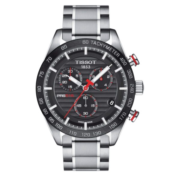 Montre homme Tissot Prs 516 42 mm réf. T100.417.11.051.01, cadran noir, bracelet acier – vue de face | Horlova Maroc