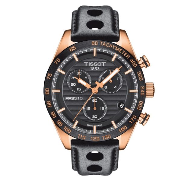 Montre homme Tissot Prs 516 42 mm réf. T100.417.16.051.00, cadran noir, mouvement quartz chronographe – vue de face | Horlova Maroc