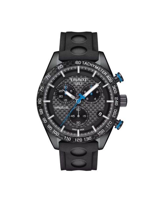 Montre homme Tissot Prs 516 42 mm réf. T100.417.37.201.00, bracelet silicone, mouvement quartz chronographe – vue de face | Horlova Maroc