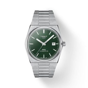 Montre homme Tissot PRX 40 mm réf. T137.407.11.091.00, cadran vert, bracelet acier, mouvement automatique – vue de face | Horlova Maroc