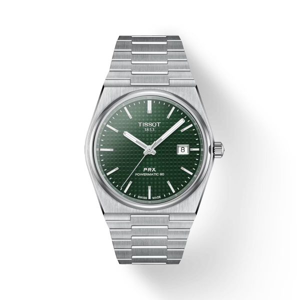Montre homme Tissot PRX 40 mm réf. T137.407.11.091.00, cadran vert, bracelet acier, mouvement automatique – vue de face | Horlova Maroc