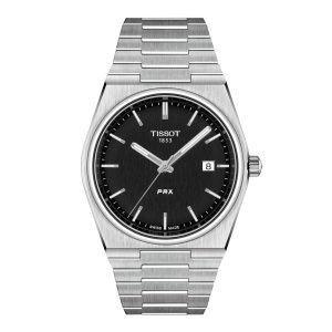 Montre homme Tissot PRX 40 mm réf. T137.410.11.051.00, cadran noir, bracelet acier – vue de trois-quarts