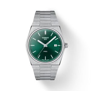 Montre homme Tissot PRX 40 mm réf. T137.410.11.091.00, cadran vert, bracelet acier, mouvement quartz – vue de face | Horlova Maroc
