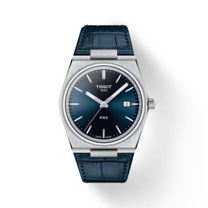 Montre homme Tissot PRX 40 mm réf. T1374101604100, cadran bleu, mouvement quartz – vue de face | Horlova Maroc