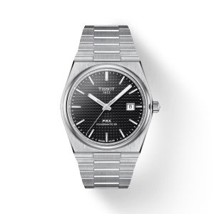 Montre homme Tissot PRX Powermatic 40 mm réf. T137.407.11.051.00, cadran noir, bracelet acier – vue de face | Horlova Maroc