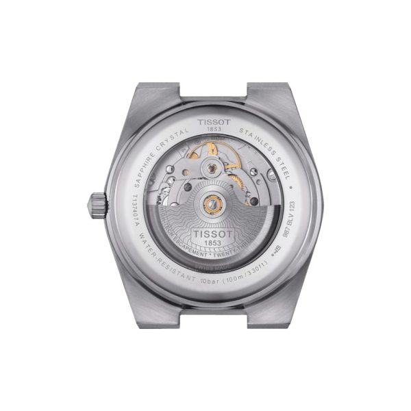 Montre homme Tissot PRX Powermatic 40 mm réf. T137.407.11.351.00, cadran bleu, bracelet acier – vue du fond de boîte