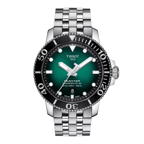 Montre homme Tissot Seastar 1000 43 mm réf. T120.407.11.091.01, cadran turquoise, bracelet acier – vue de face | Horlova Maroc
