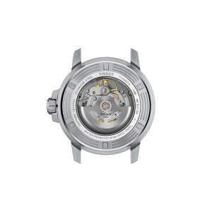 Montre homme Tissot Seastar 1000 43 mm réf. T120.407.11.091.01, cadran turquoise, bracelet acier – vue du fond de boîte