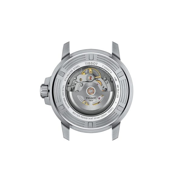 Montre homme Tissot Seastar 1000 43 mm réf. T120.407.11.091.01, cadran turquoise, bracelet acier – vue du fond de boîte