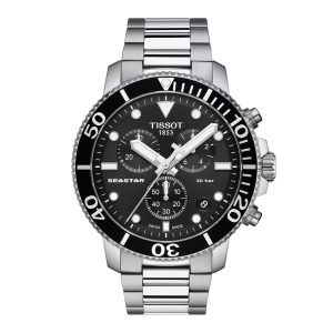 Montre homme Tissot Seastar 1000 45.5 mm réf. T1204171105100, cadran noir, bracelet acier – vue de face | Horlova Maroc