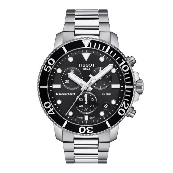 Montre homme Tissot Seastar 1000 45.5 mm réf. T1204171105100, cadran noir, bracelet acier – vue de face | Horlova Maroc