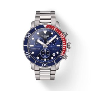 Montre homme Tissot Seastar 1000 Chronograph 45.5 mm réf. T120.417.11.041.03, cadran bleu, bracelet acier – vue de face | Horlova Maroc