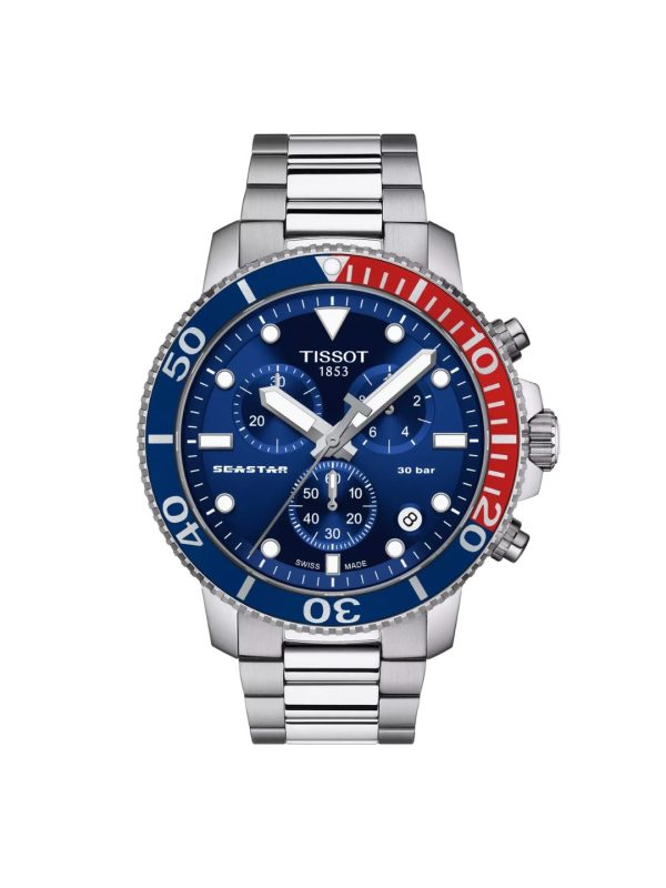 Montre homme Tissot Seastar 1000 Chronograph 45.5 mm réf. T120.417.11.041.03, cadran bleu, bracelet acier – autre angle