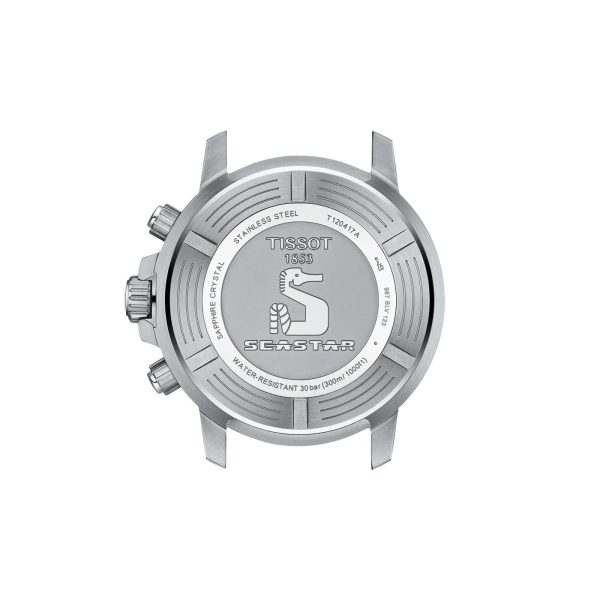 Montre homme Tissot Seastar 1000 Chronograph 45.5 mm réf. T120.417.11.041.03, cadran bleu, bracelet acier – vue du fond de boîte