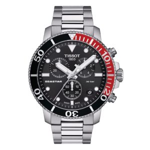 Montre homme Tissot Seastar 1000 Chronograph 45.5 mm réf. T120.417.11.051.01, cadran noir, bracelet acier – vue de face | Horlova Maroc