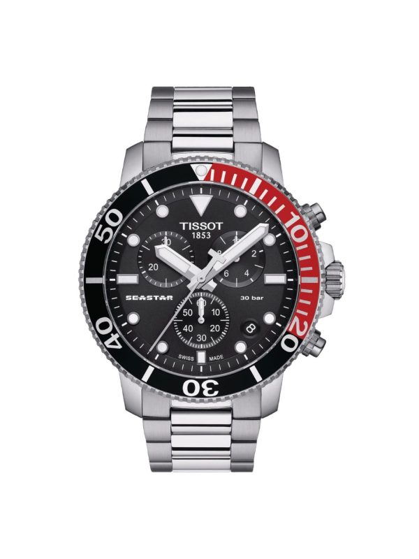 Montre homme Tissot Seastar 1000 Chronograph 45.5 mm réf. T120.417.11.051.01, cadran noir, bracelet acier – vue de face | Horlova Maroc