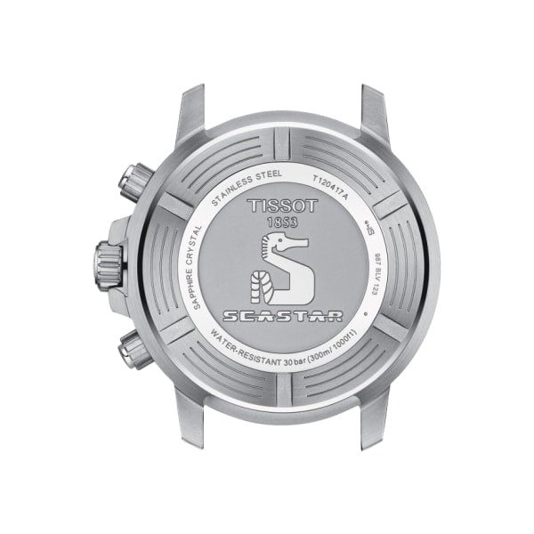 Montre homme Tissot Seastar 1000 Chronograph 45.5 mm réf. T120.417.11.051.01, cadran noir, bracelet acier – vue de trois-quarts