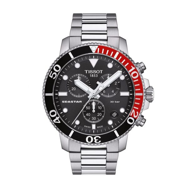 Montre homme Tissot Seastar 1000 Chronograph 45.5 mm réf. T120.417.11.051.01, cadran noir, bracelet acier – vue rapprochée