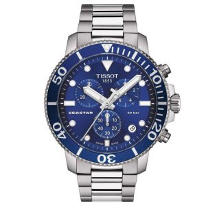 Montre homme Tissot Seastar 1000 Chronographe 45.5 mm réf. T120.417.11.041.00, cadran bleu, bracelet acier – vue de face | Horlova Maroc