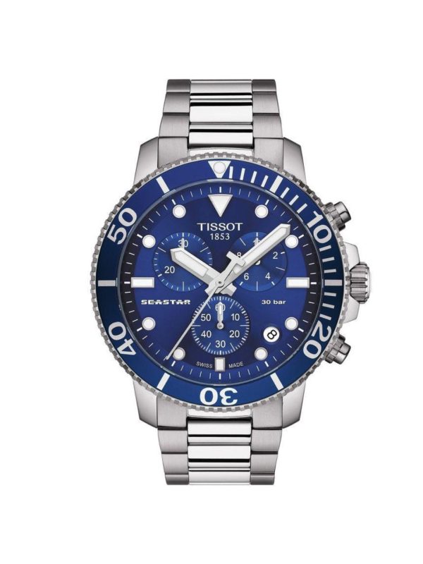 Montre homme Tissot Seastar 1000 Chronographe 45.5 mm réf. T120.417.11.041.00, cadran bleu, bracelet acier – vue de face | Horlova Maroc