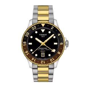 Montre homme Tissot Seastar 1000 GMT 40 mm réf. T1208522205100, cadran noir, bracelet acier, mouvement quartz – vue de face | Horlova Maroc
