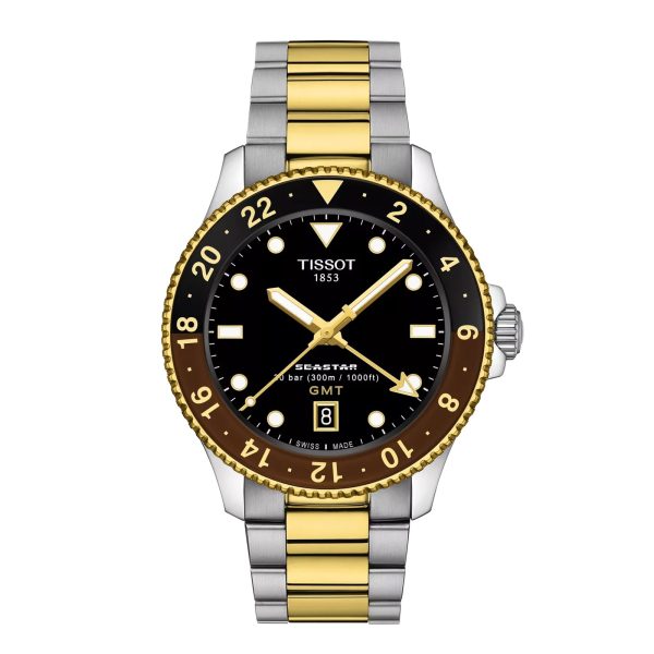Montre homme Tissot Seastar 1000 GMT 40 mm réf. T1208522205100, cadran noir, bracelet acier, mouvement quartz – vue de face | Horlova Maroc