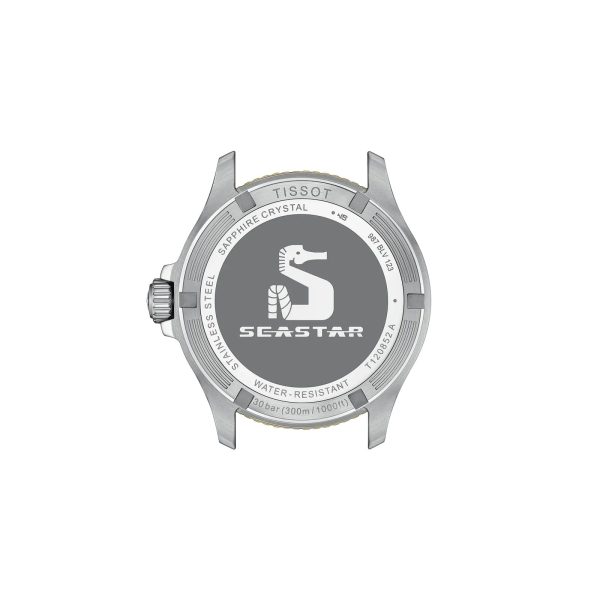 Montre homme Tissot Seastar 1000 GMT 40 mm réf. T1208522205100, cadran noir, bracelet acier – vue du fond de boîte