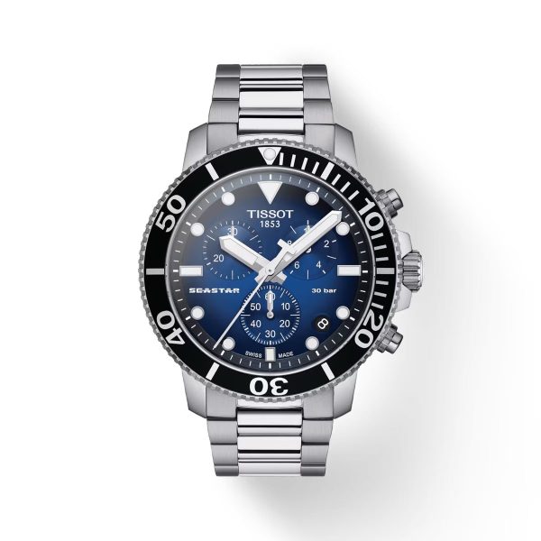 Montre homme Tissot Seastar 45.5 mm réf. T1204171104101, mouvement quartz chronographe – vue de face | Horlova Maroc