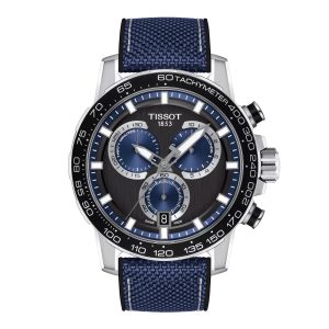 Montre homme Tissot Supersport Chrono 45.5 mm réf. T125.617.17.051.03, cadran noir, bracelet cuir – vue de face | Horlova Maroc