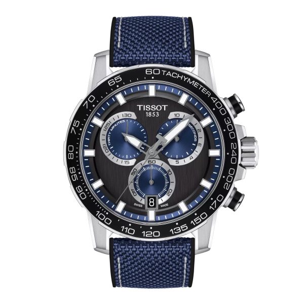 Montre homme Tissot Supersport Chrono 45.5 mm réf. T125.617.17.051.03, cadran noir, bracelet cuir – vue de face | Horlova Maroc