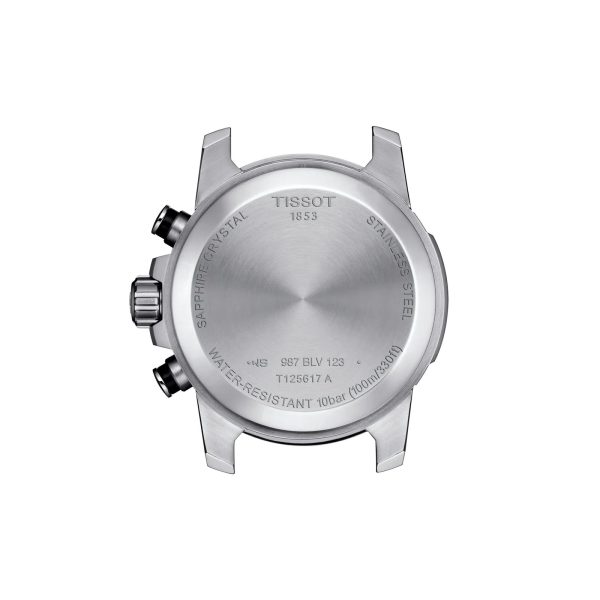 Montre homme Tissot Supersport Chrono 45.5 mm réf. T125.617.17.051.03, cadran noir, bracelet cuir – vue du fond de boîte