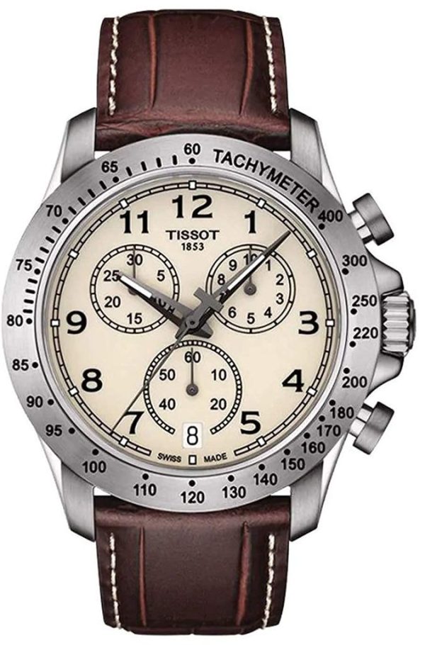 Montre homme Tissot réf. T106.417.16.262.00, cadran blanc, bracelet cuir – vue de trois-quarts