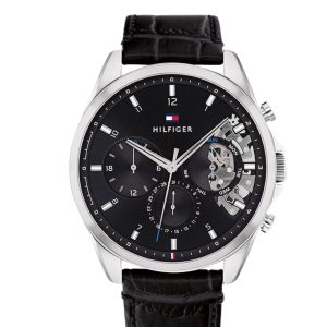 Montre homme Tommy Hilfiger 44 mm réf. 1710449, cadran noir, bracelet cuir, mouvement quartz chronographe – vue de face | Horlova Maroc