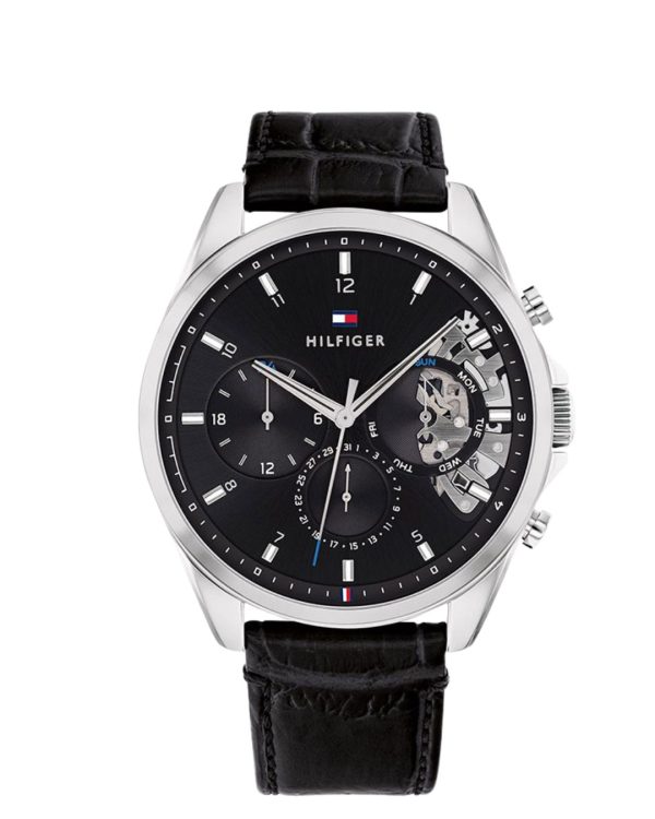 Montre homme Tommy Hilfiger 44 mm réf. 1710449, cadran noir, bracelet cuir, mouvement quartz chronographe – vue de face | Horlova Maroc