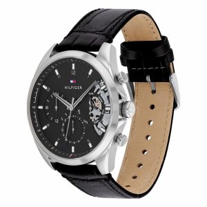 Montre homme Tommy Hilfiger 44 mm réf. 1710449, cadran noir, bracelet cuir – vue de profil