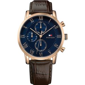 Montre homme Tommy Hilfiger 44 mm réf. 1791399, cadran bleu, bracelet cuir, mouvement quartz – vue de face | Horlova Maroc