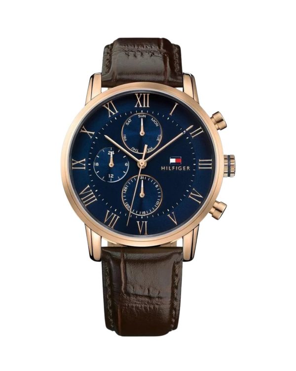 Montre homme Tommy Hilfiger 44 mm réf. 1791399, cadran bleu, bracelet cuir, mouvement quartz – vue de face | Horlova Maroc