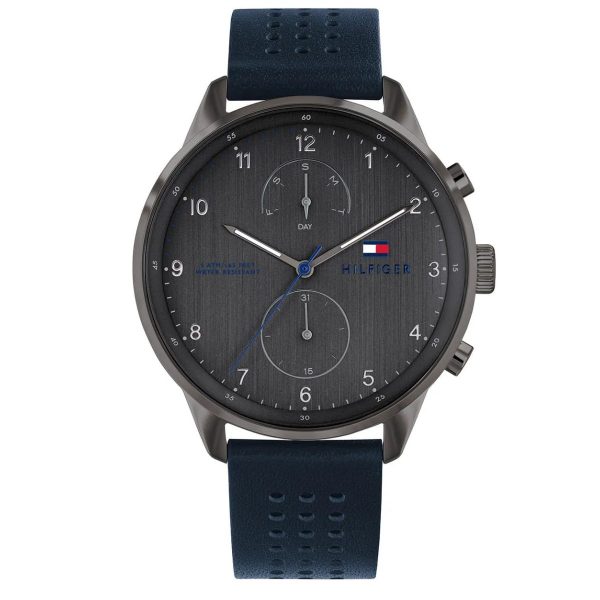 Montre homme Tommy Hilfiger 44 mm réf. 1791578, cadran gris, bracelet cuir, mouvement quartz – vue de face | Horlova Maroc