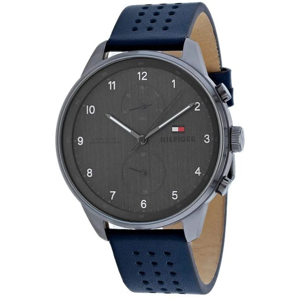 Montre homme Tommy Hilfiger 44 mm réf. 1791578, cadran gris, bracelet cuir, mouvement quartz – autre angle