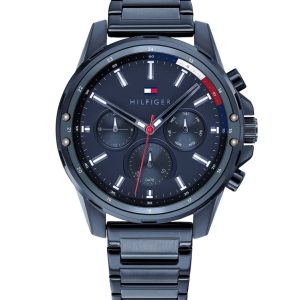 Montre homme Tommy Hilfiger 45 mm réf. 1791789, cadran bleu, bracelet acier, mouvement quartz – vue de face | Horlova Maroc