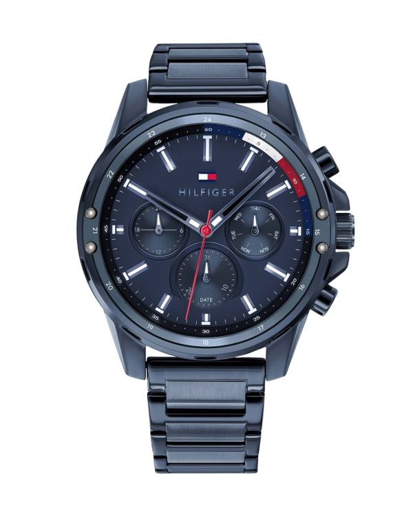 Montre homme Tommy Hilfiger 45 mm réf. 1791789, cadran bleu, bracelet acier, mouvement quartz – vue de face | Horlova Maroc