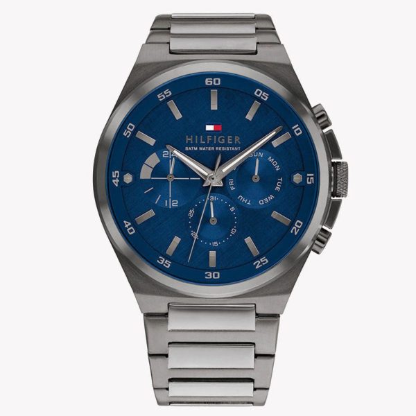 Montre homme Tommy Hilfiger 46 mm réf. 1687494, cadran bleu, bracelet acier – vue de face | Horlova Maroc