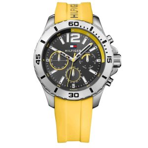 Montre homme Tommy Hilfiger 46 mm réf. 1791144, cadran gris, bracelet silicone, mouvement quartz – vue de face | Horlova Maroc