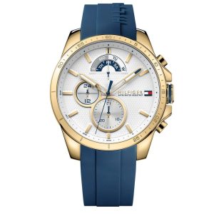 Montre homme Tommy Hilfiger 46 mm réf. 1791353, cadran blanc, bracelet silicone, mouvement quartz – vue de face | Horlova Maroc
