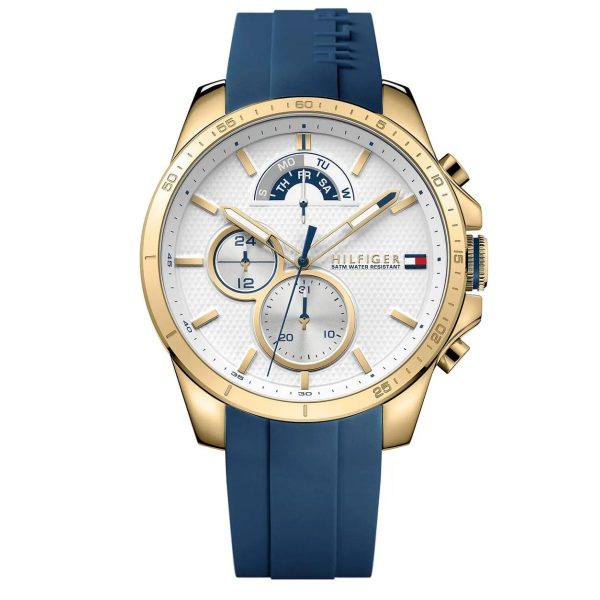 Montre homme Tommy Hilfiger 46 mm réf. 1791353, cadran blanc, bracelet silicone, mouvement quartz – vue de face | Horlova Maroc