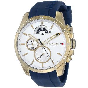 Montre homme Tommy Hilfiger 46 mm réf. 1791353, cadran blanc, bracelet silicone – vue de trois-quarts