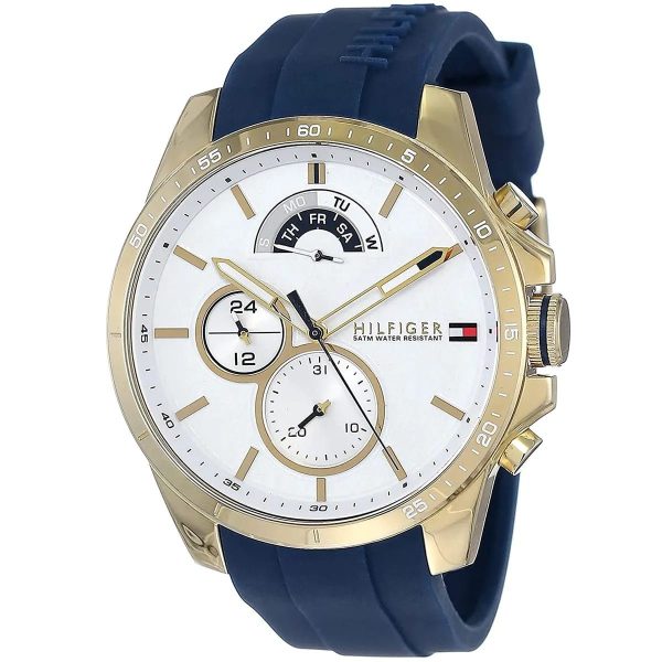 Montre homme Tommy Hilfiger 46 mm réf. 1791353, cadran blanc, bracelet silicone – vue de trois-quarts
